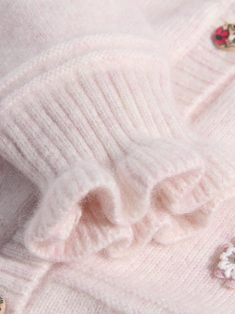 Blush Pink Flower Embroidered Girl Cashmere Button-Down Cardigan